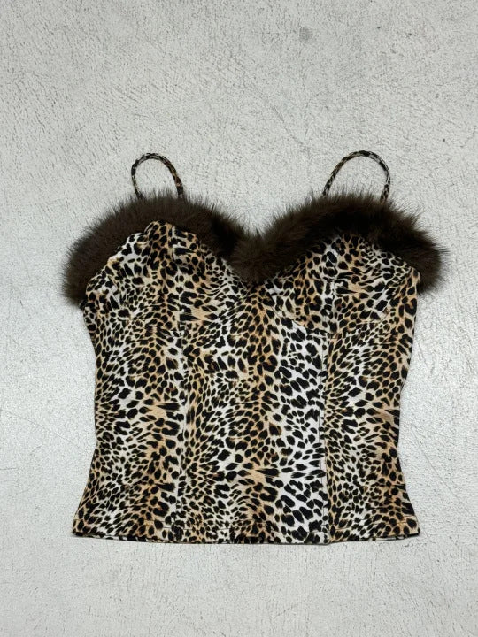 Dame top med leopardmuster og elegant pelsbesætning Skovae