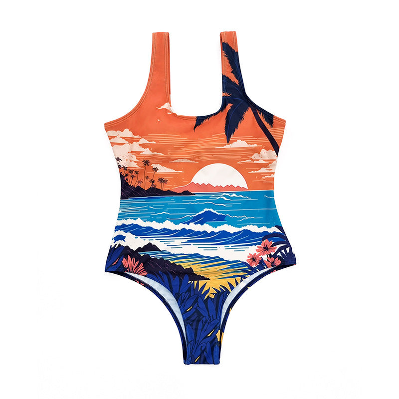 Dame one-piece swimsuit with vibrant beach motif Skovae