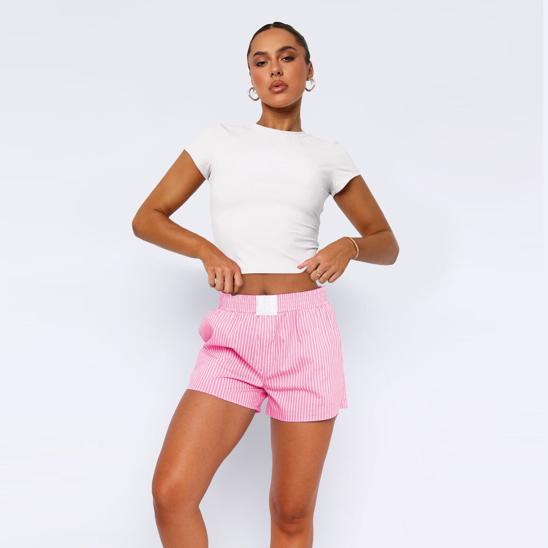 Dame stribede shorts med elastisk talje og praktiske sideåbninger Stilla