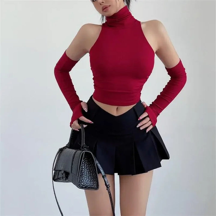 Dame Langærmet Crop-Top med høj krave og tætsiddende snit Skovae