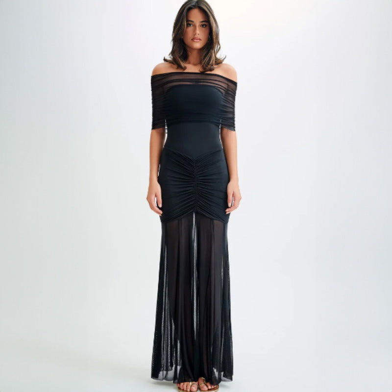 Dame Elegant Maxi-kjole med skulderfri design og rynker Skovae