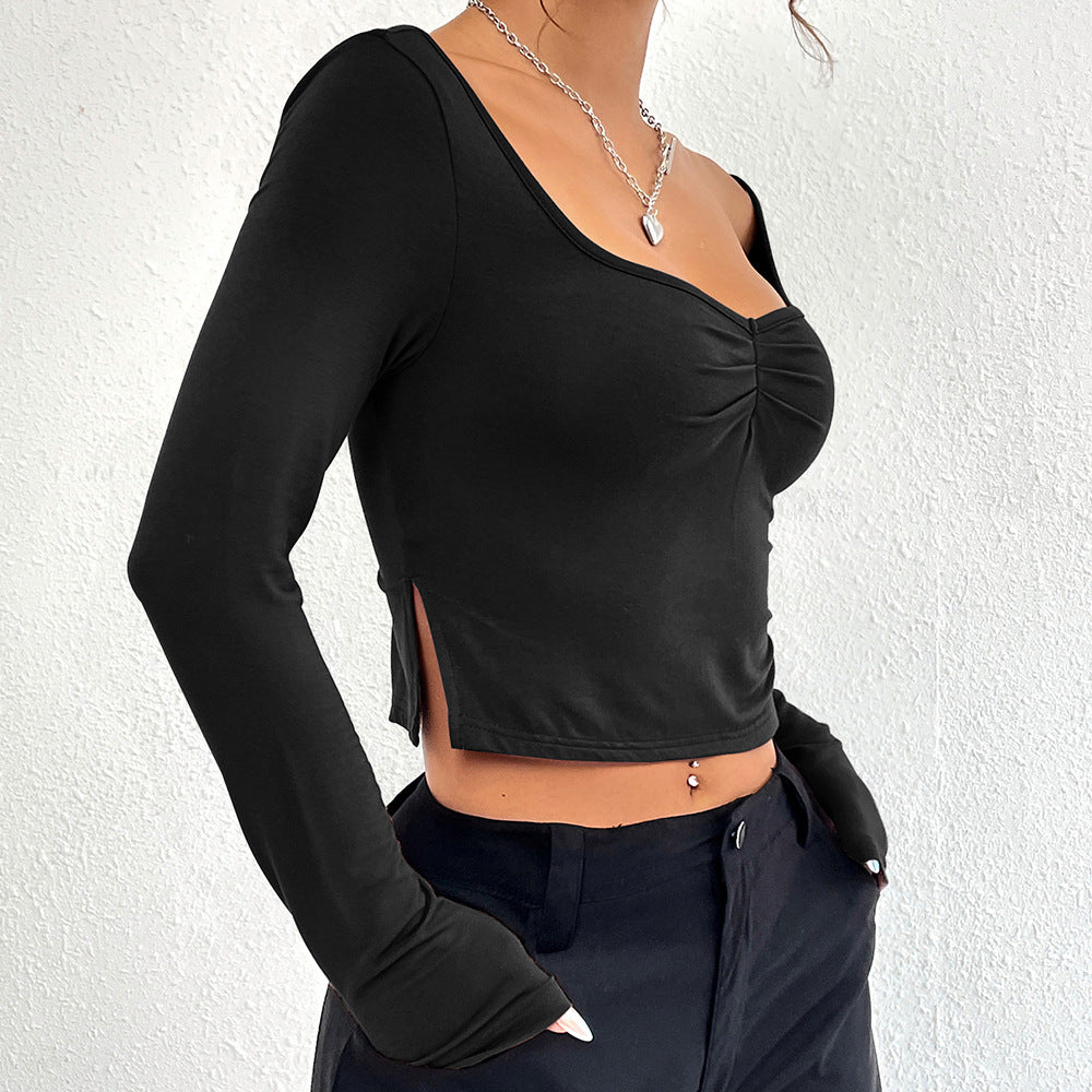 Kvindernes elegante langærmede cropped top med chikt samlingseffekt Stilla