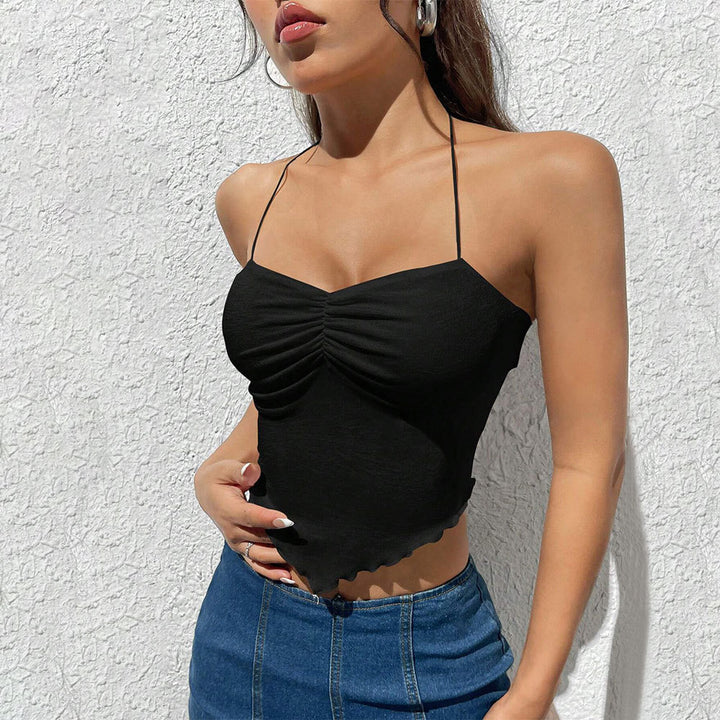 Kvindernes ærmeløse crop top med flæser og dekorativ blondekant Stilla