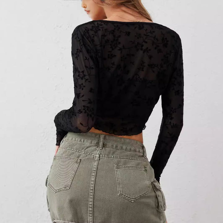Dame nan taillet bauchfri nettop med floral velourflock dekoration og bindebånd Skovae