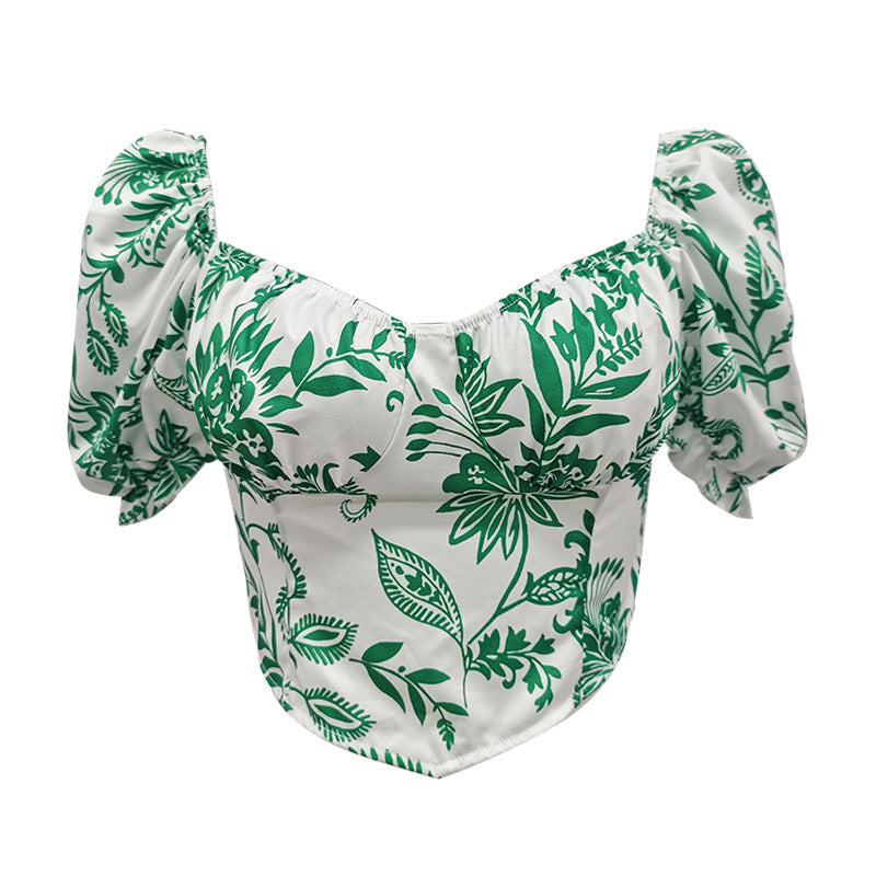 Dame Puffærmet Crop-Top med blomstermotiv og struktureret snit Stilla