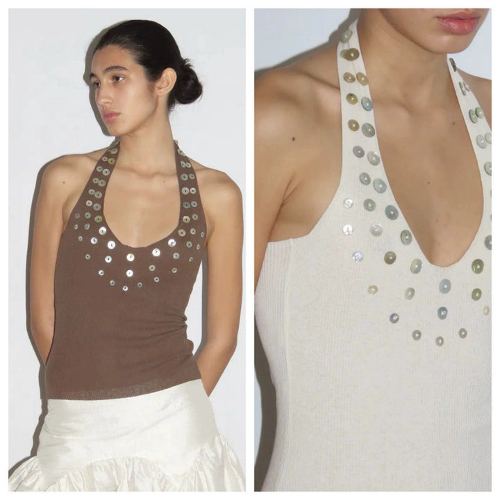 Dame Halterneck glitrende Paillet-top Stilla