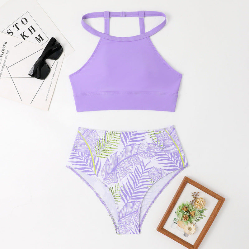 Dame Højtaljeret Bikini-Sæt med raffineret topdesign og unikt bladmønster Stilla
