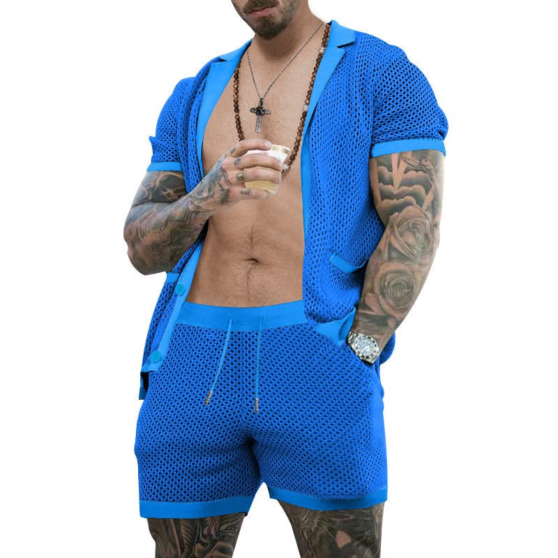Herrer nan åben netstrik-cardigan med matchende snortræk-shorts Skovae