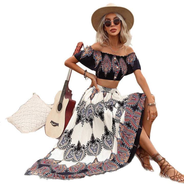 Dame Bohemian Crop Top og Maxi Skirt Sæt Stilla