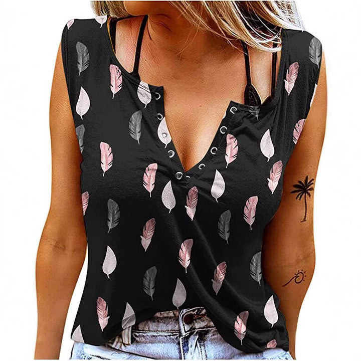 Dame Knapper T-Shirt med Fjerprint Stilla