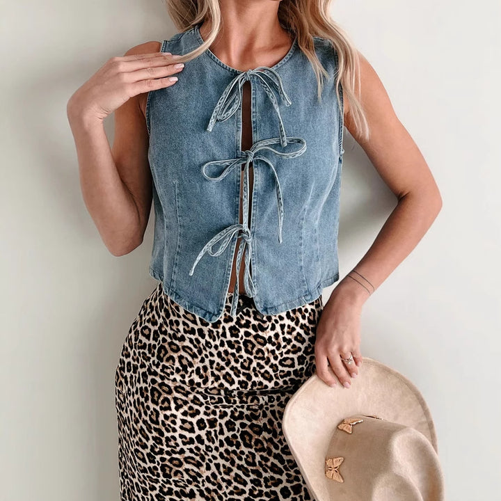 Kvindernes jeans vest med mode snørebånd design Stilla