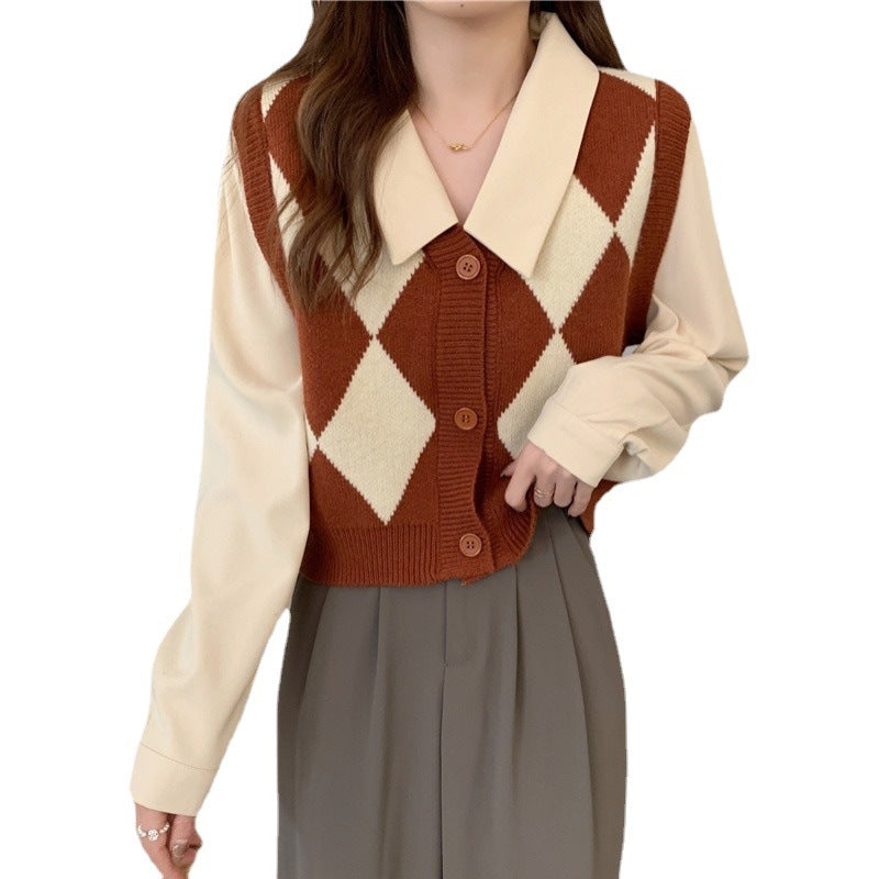Femme Argyle Strikvest med klassisk krave Stilla