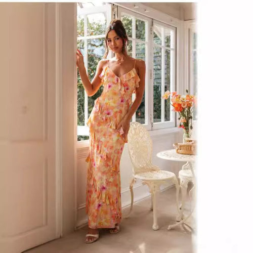 Kvinders sommer maxi kjole med flæse detaljer og delikat blomstermønster Skovae