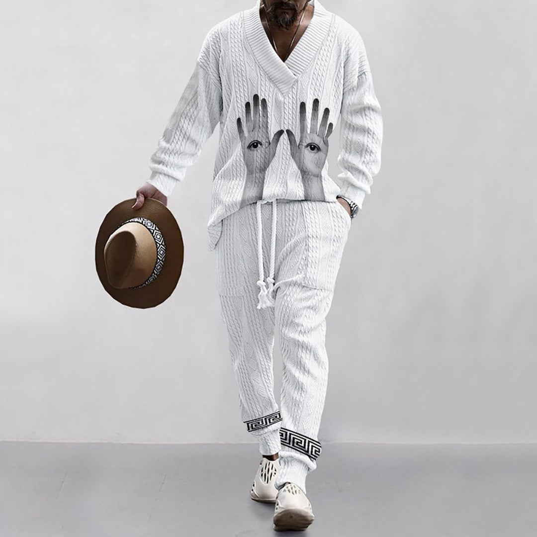 Herre afslappet fritidsoutfit med palmeprint og V-hals Stilla