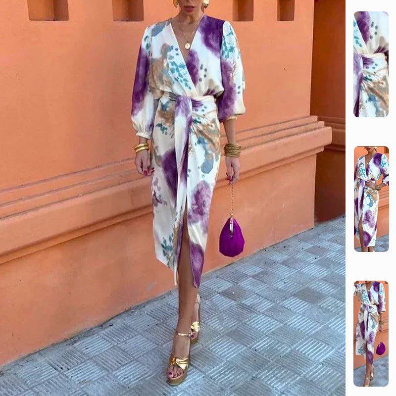 Kvinder Elegant Flared Wrap Kjole med Blomster Mønster og Bred Skåret Ærmer Stilla