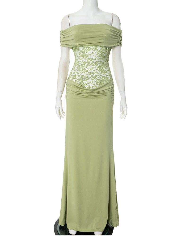 Femme Off-Shoulder Spids Accent Maxi Kjole Stilla
