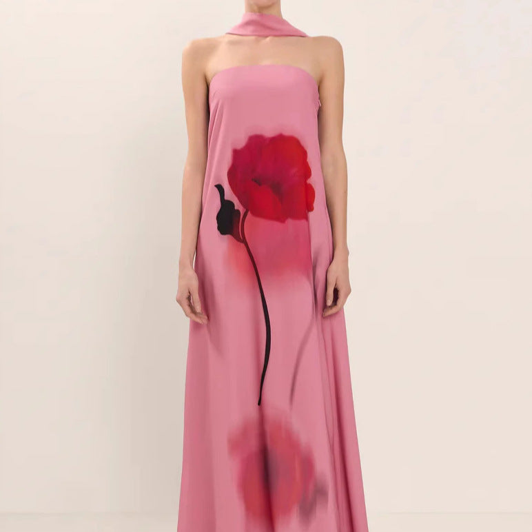 Femme Elegante Strapless Floral Maxi Kjole Stilla