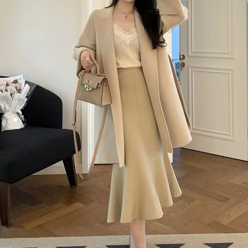 Dame Elegant Cardigan Sæt med Kontrast Detaljer og Knap Lukning Stilla