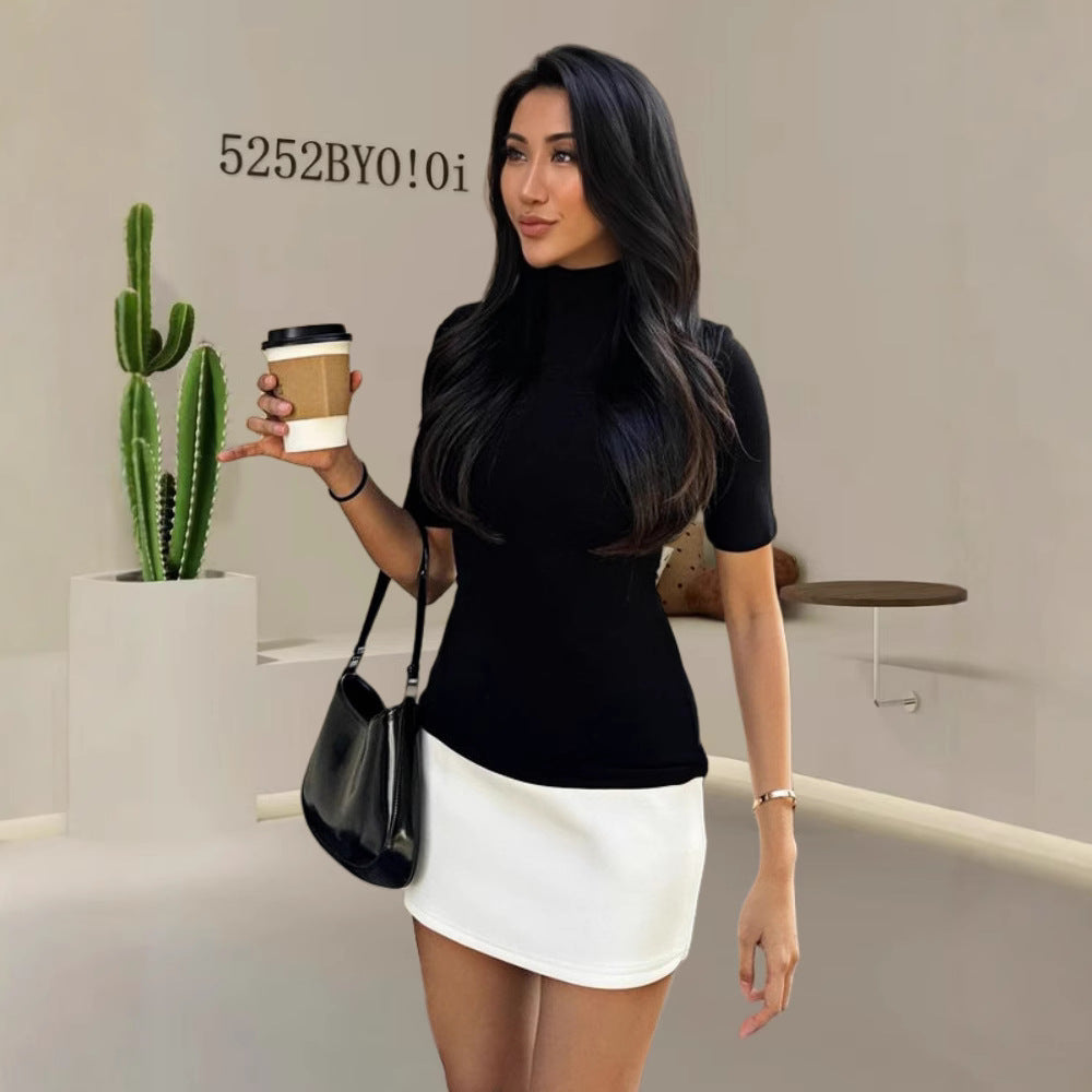 Women's fitted T-shirt with stand-up collar and short sleeves Skovae