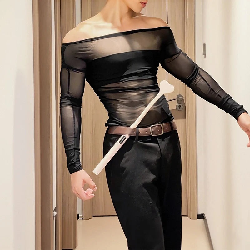 Dame nan transparent mesh langærmet top med tætsiddende brystbånd og bred rund halsudskæring Skovae