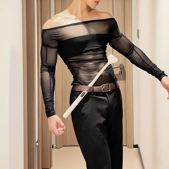 Dame nan transparent mesh langærmet top med tætsiddende brystbånd og bred rund halsudskæring Skovae