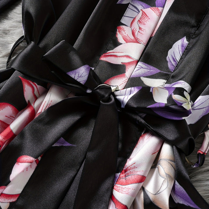 Dame Floral Satin Kimono og Shorts Sæt Stilla