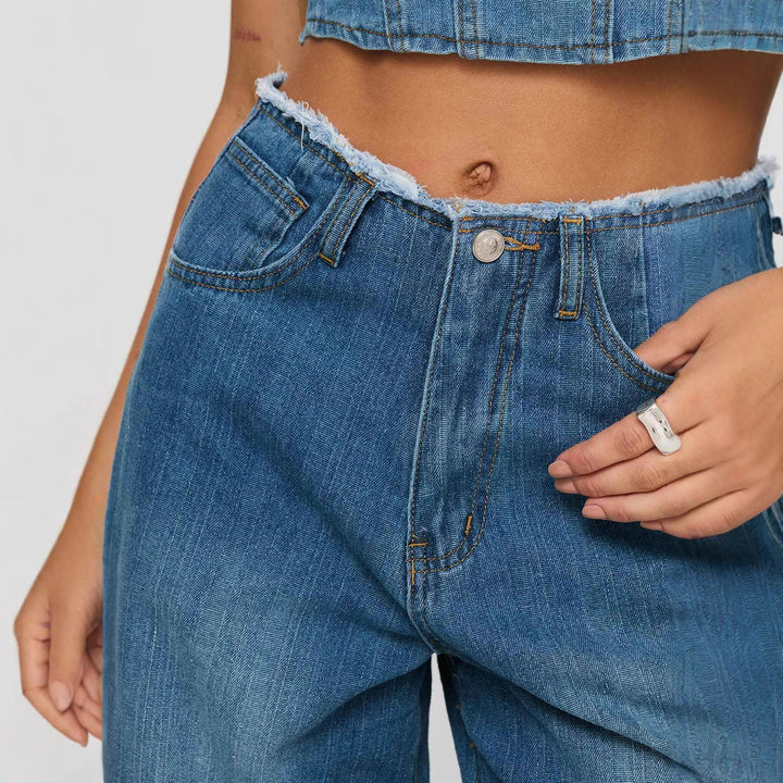 Dame brede Denim-jeans med høj talje og frynset kant Skovae