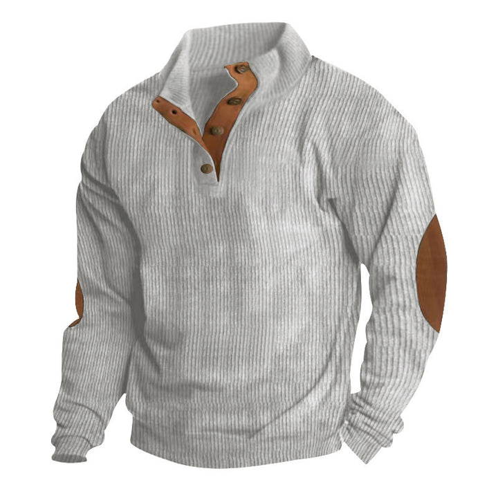 Herre nan grovstrikket sweater med ståkrave, knapliste og kunstlæderalbuepatches Skovae