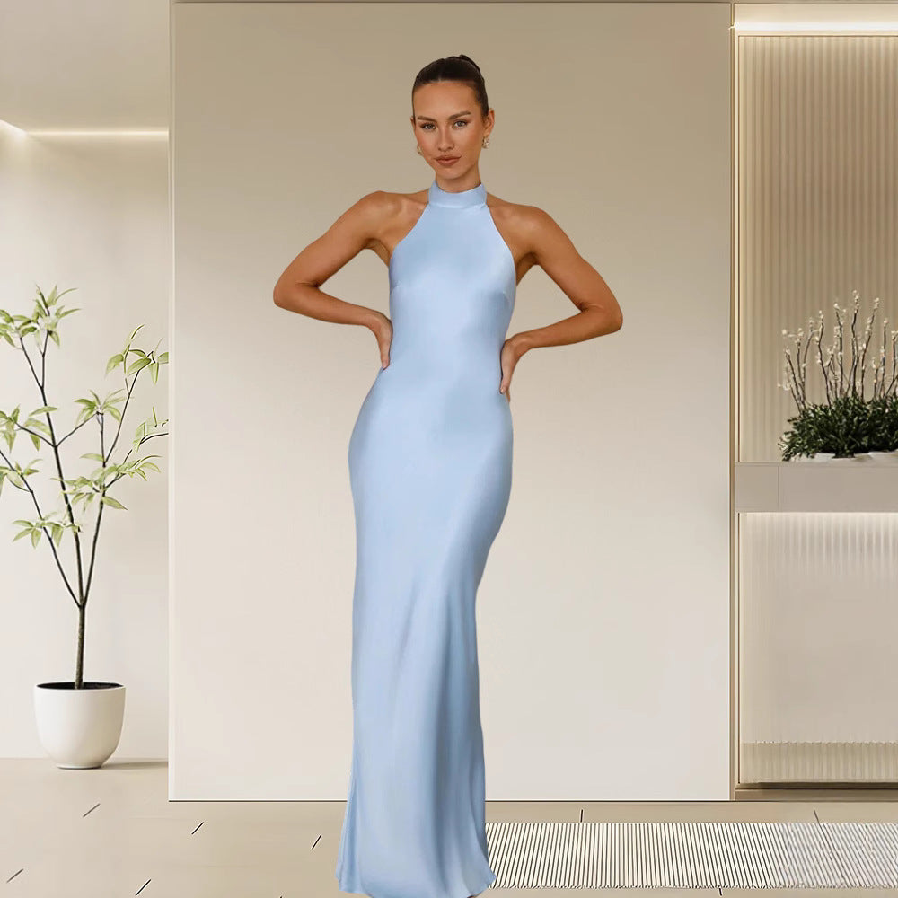 Damer Elegant Satin Maxi Kjole med Høj Krave og Tætsiddende Pasform Skovae