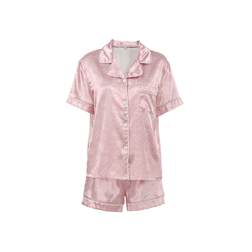Dame Satin Pyjamasæt med hjerteprint og høj kvalitet Stilla