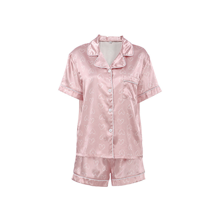 Dame Satin Pyjamasæt med hjerteprint og høj kvalitet Stilla