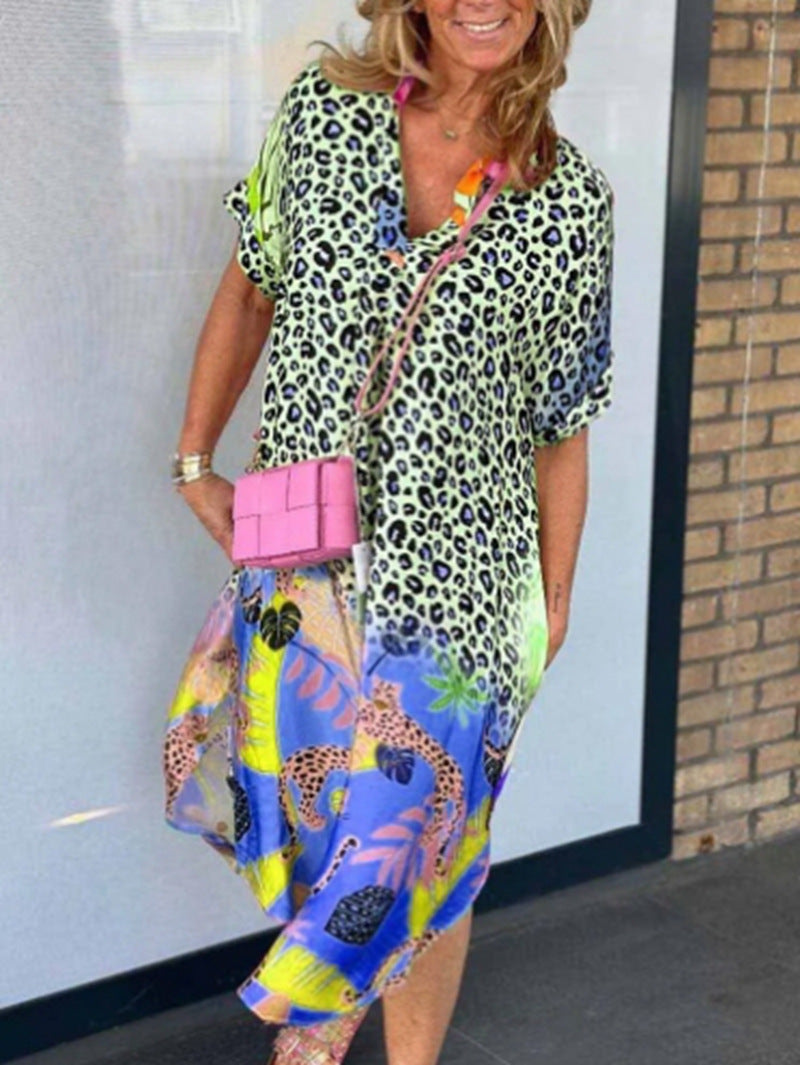 Dame nan locker siddende V-udskæring Midikjole med leopardmønster og tropemotiv Skovae