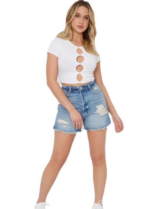 Dame afslappede denim-shorts med høj talje og frynset kant Skovae