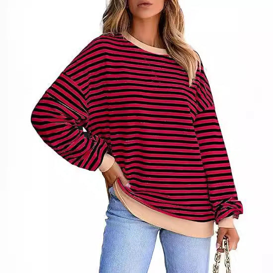 Dame stribet sweatshirt med farvematchende kant og afslappet snit Stilla