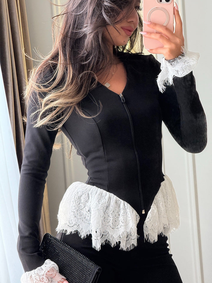 Dame Ruffle Top med Lynlås og Blonde Stilla