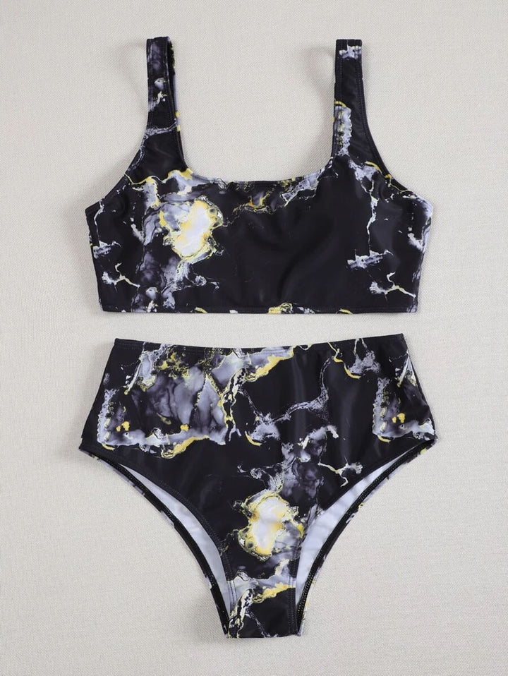 Dame Højt skåret bikini-sæt med stilfuldt marmorprint Skovae