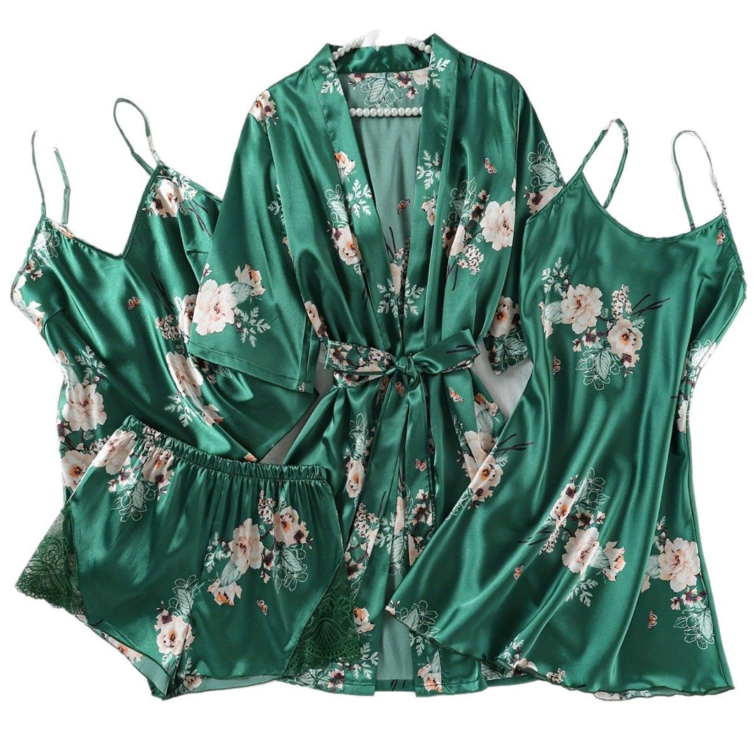 Dame Floral Satin Nattøj Sæt med Robe Stilla
