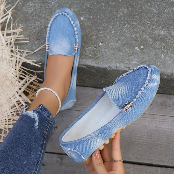 Dame nan afslappede Denim-Mokassin-sko med elastisk indgang og skridsikker gummisål Skovae