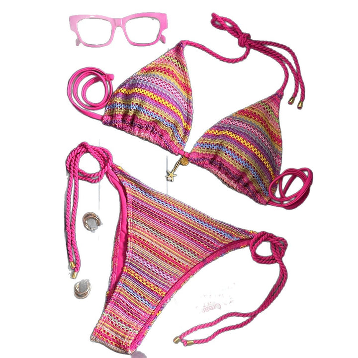 Damer Flettet Triangel-Bikini med farverigt Hækle mønster Skovae