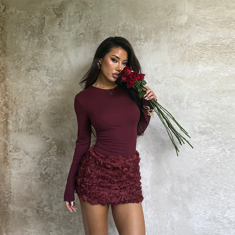 Damer elegant mini kjole med blomster rose design og lange ærmer Skovae