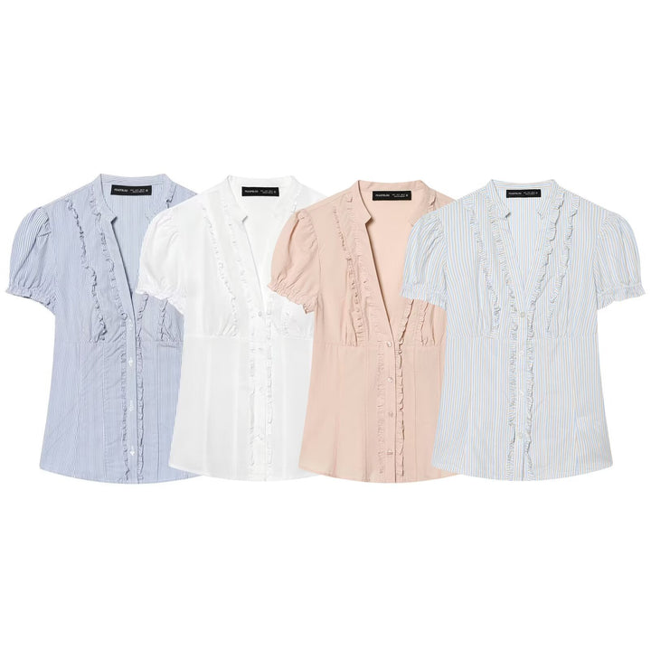 Damebluse med dekorative flæse detaljer og fine striber Skovae