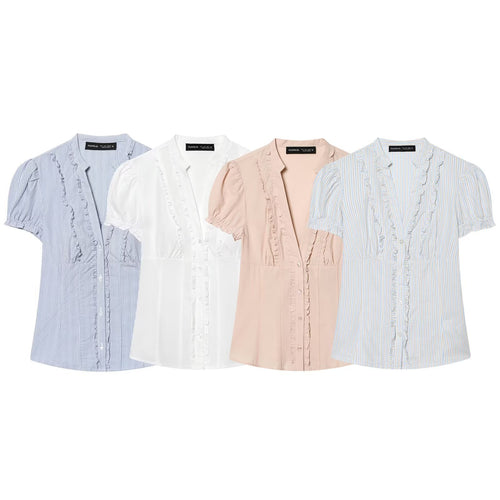 Damebluse med dekorative flæse detaljer og fine striber Skovae