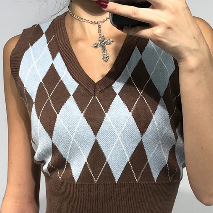Dame cropped striktop med moderne rhombemønster Skovae