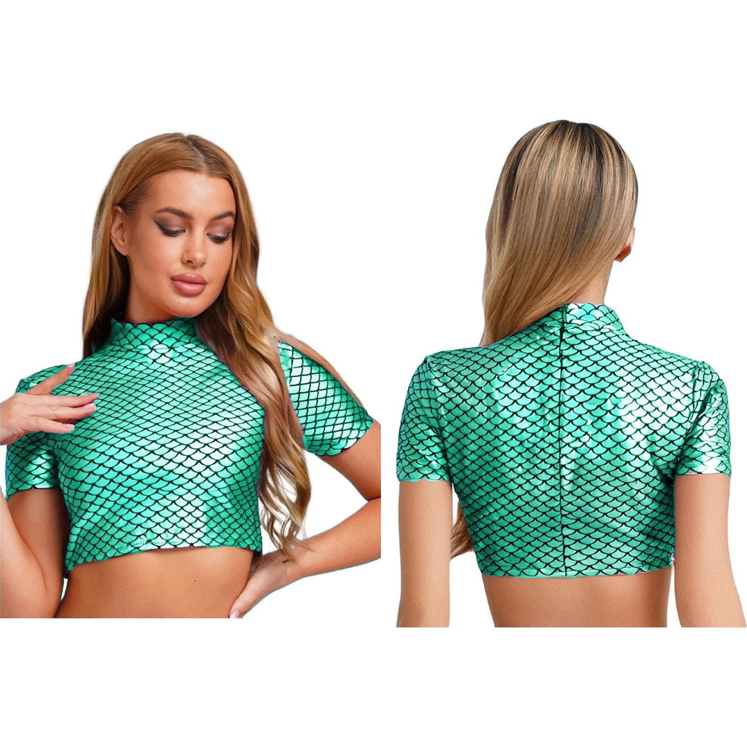 Dame Glitrende Cropped Shirt med glitrende fiskskæl-mønster Skovae