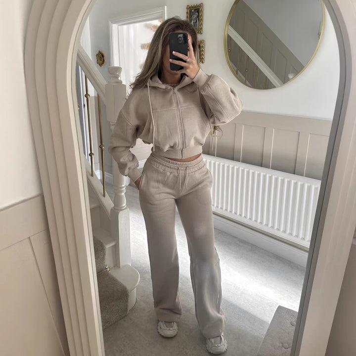 Kvinder casual zip hoodie og loose fit joggingbukser sæt Skovae