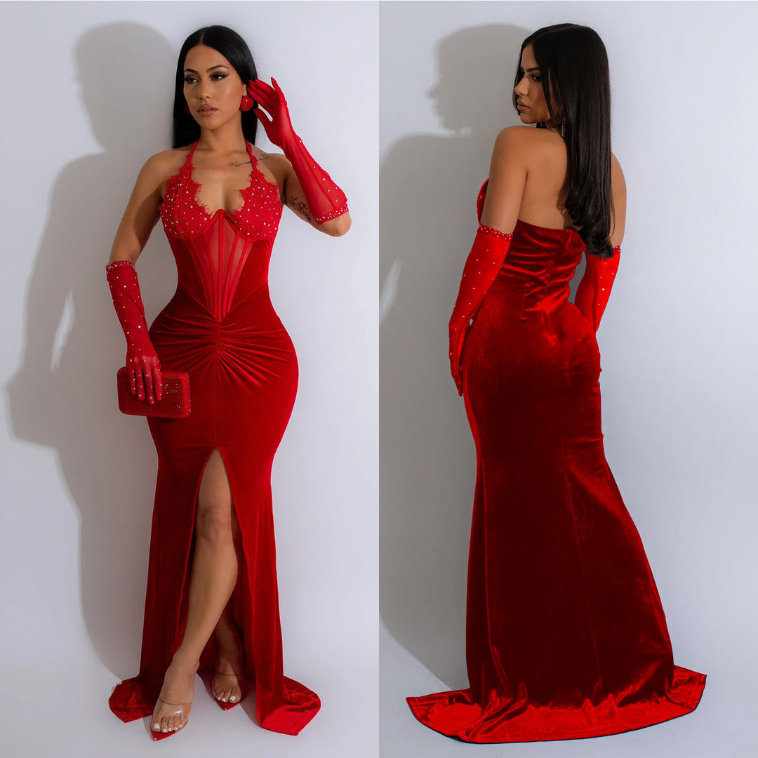 Dame Elegant Aftenkjole med transparente indsatser og strass dekorationer Stilla