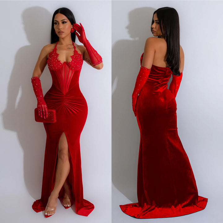Dame Elegant Aftenkjole med transparente indsatser og strass dekorationer Stilla
