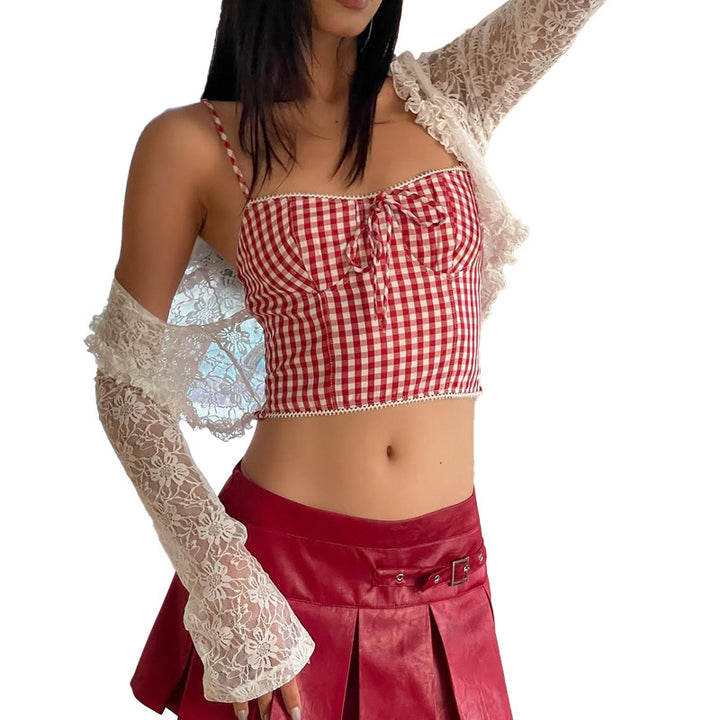 Dame Crop-top med flæse detaljer og ternet mønster Stilla