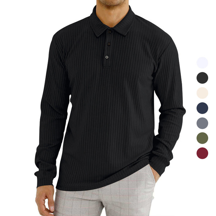 Herren nan ribbet Langærmet polo-shirt med fin rib-struktur, klassisk krave og elastisk søm Skovae