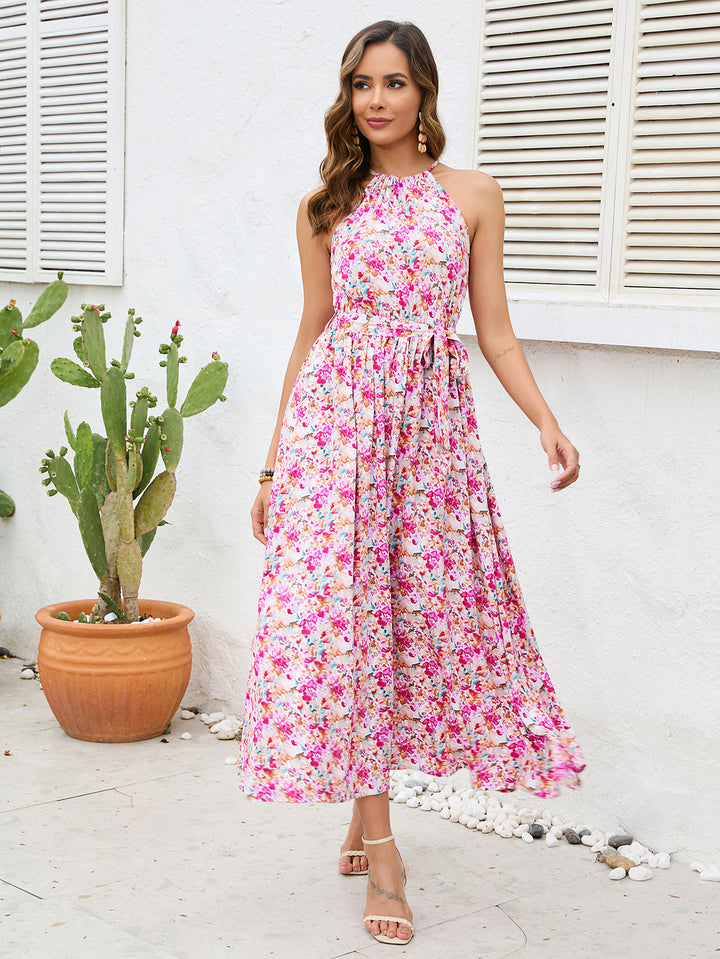 Dame Halterneck Blomster Maxi Kjole med Bindebånd Detalje Stilla